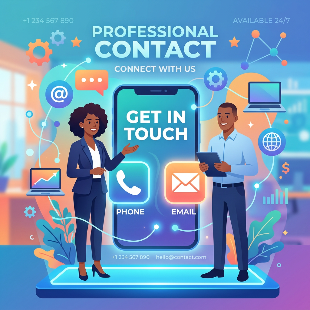 Two professionals with icons for phone and email contact options