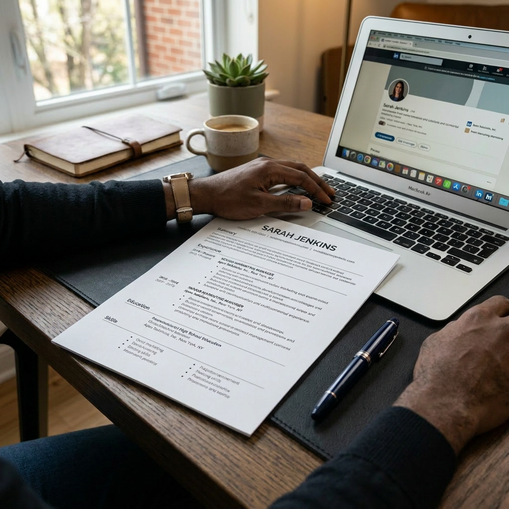 Hands holding a resume titled Sarah Jenkins with a LinkedIn profile open on a MacBook Air laptop